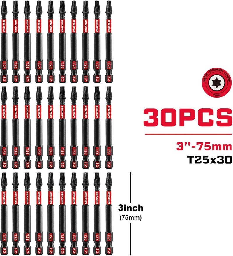 GEINXURN 30 Pieces T25 3In. Impact Tough Magnetic #25 Torx Head Power Bits, S2 Alloy Steel T25 Screwdriver Bits Set - Image 2